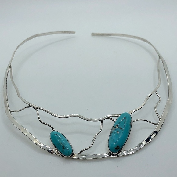 STERLING Silver & Turquoise Bib Collar Necklace Sits @ 10” - 12” Vintage - Picture 3 of 10